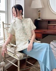 TUBYCATU | ÁO GẤM BÔNG XANH CỔ TRỤ 4 NÚT TÀU
