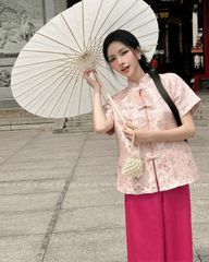 TUBYCATU | ÁO GẤM HỒNG CỔ TRỤ 4 NÚT TÀU