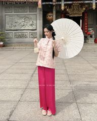 TUBYCATU | ÁO GẤM HỒNG CỔ TRỤ 4 NÚT TÀU