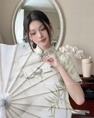 TUBYCATU | ÁO GẤM BÔNG XANH CỔ TRỤ 4 NÚT TÀU