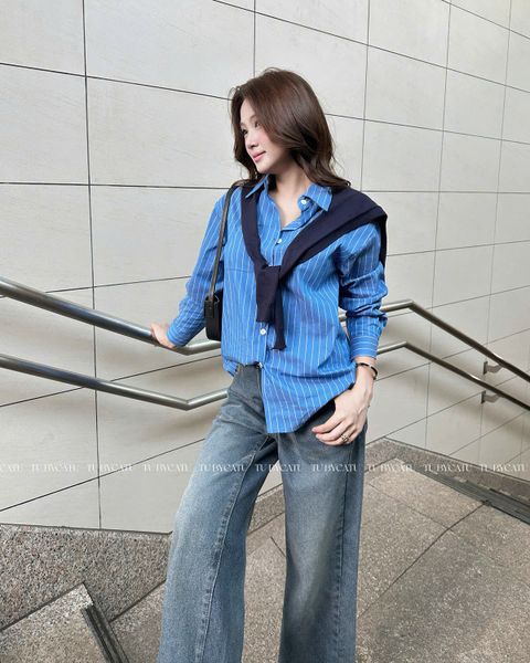 TUBYCATU | ÁO SƠ MI SỌC XANH TAY DÀI (KHÔNG KÈM KHĂN)
