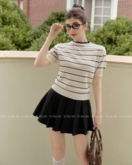 TUBYCATU | Áo len KNIT sọc đỏ/xanh cổ tròn ngắn tay