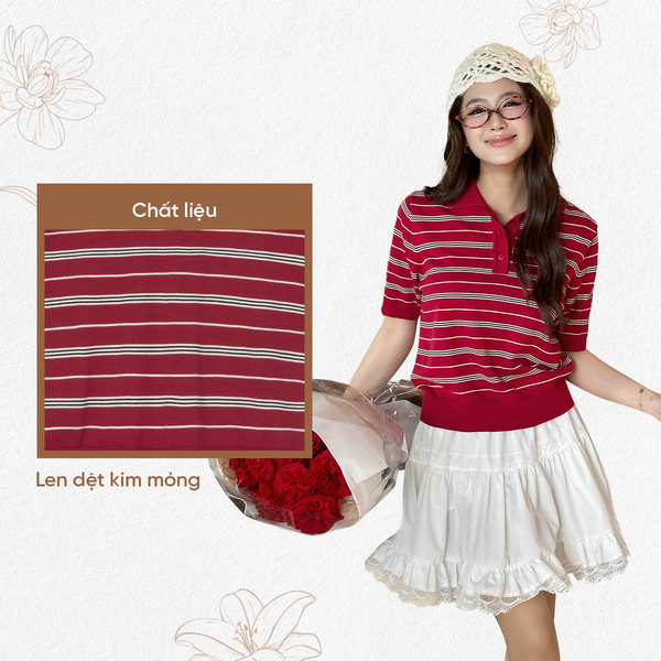 TUBYCATU | ÁO POLO DỆT KIM SỌC ĐỎ/ NÂU