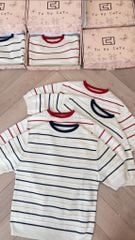 TUBYCATU | Áo len KNIT sọc đỏ/xanh cổ tròn ngắn tay