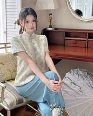 TUBYCATU | ÁO GẤM BÔNG XANH CỔ TRỤ 4 NÚT TÀU