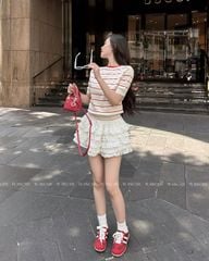 TUBYCATU | Áo len KNIT sọc đỏ/xanh cổ tròn ngắn tay