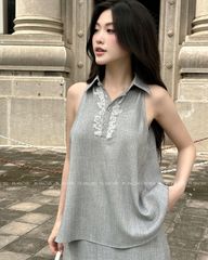TUBYCATU | Chân váy chữ A xám phối ren trắng