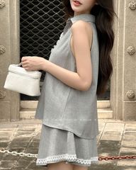 TUBYCATU | Chân váy chữ A xám phối ren trắng