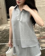 TUBYCATU | Chân váy chữ A xám phối ren trắng