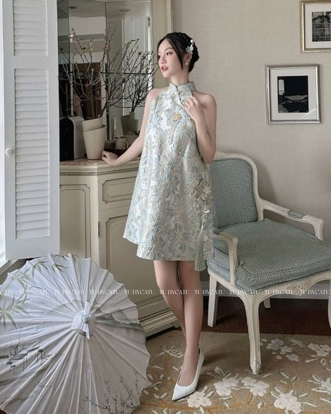 TUBYCATU | ĐẦM YẾM GẤM HOA XANH CỔ TRỤ (KHÔNG KÈM PHỤ KIỆN)