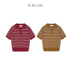 TUBYCATU | ÁO POLO DỆT KIM SỌC ĐỎ/ NÂU