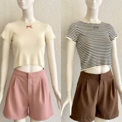 TUBYCATU | Áo dệt kim kem/ sọc đen thêu nơ