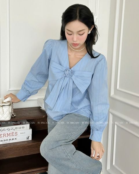 TUBYCATU | Blue/ White striped bowtie shirt