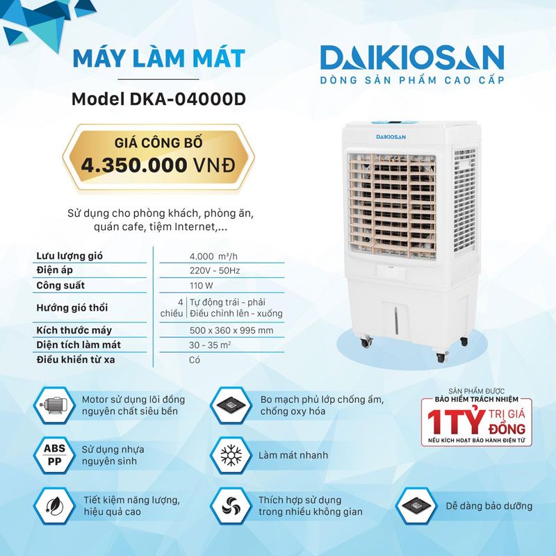 Quạt làm mát hơi nước điều hòa DAIKIOSAN DKA-04000D - 110w