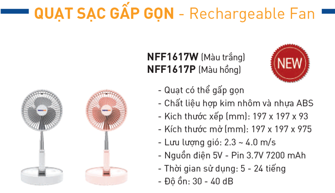 Quạt sạc gấp gọn Nanoco NFF1617W