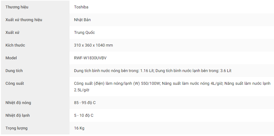Cây Nước Nóng Lạnh Toshiba RWF-W1830UVBV(T) - Hàng Chính Hãng
