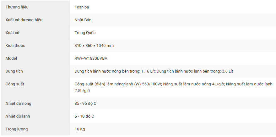 Cây Nước Nóng Lạnh Toshiba RWF-W1830UVBV - Hàng Chính Hãng