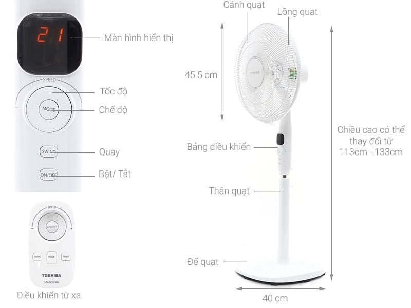 Quạt đứng Toshiba F-LSD10(H)VN - Remote (Xám trắng)