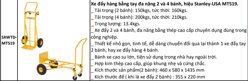 Xe Đẩy  hàng bằng Tay đa năng 2 bánh và 4 bánh , Stanley SXWTD-MT519 (Tải Trọng 150/200kg)