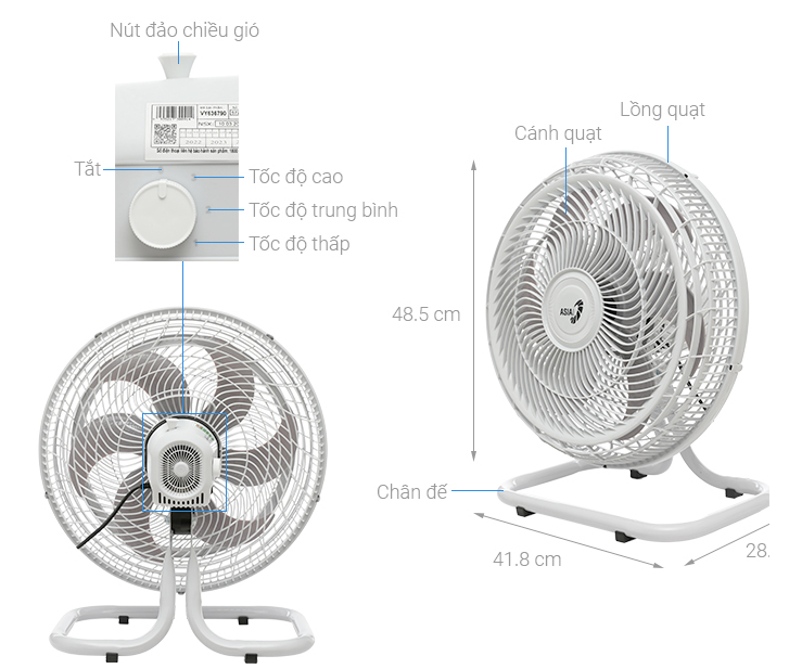 Quạt sàn ASIAVINA TURBO PLUS - VY636792 (xám) /  VY636892 (đen) - 90w Siêu mạnh