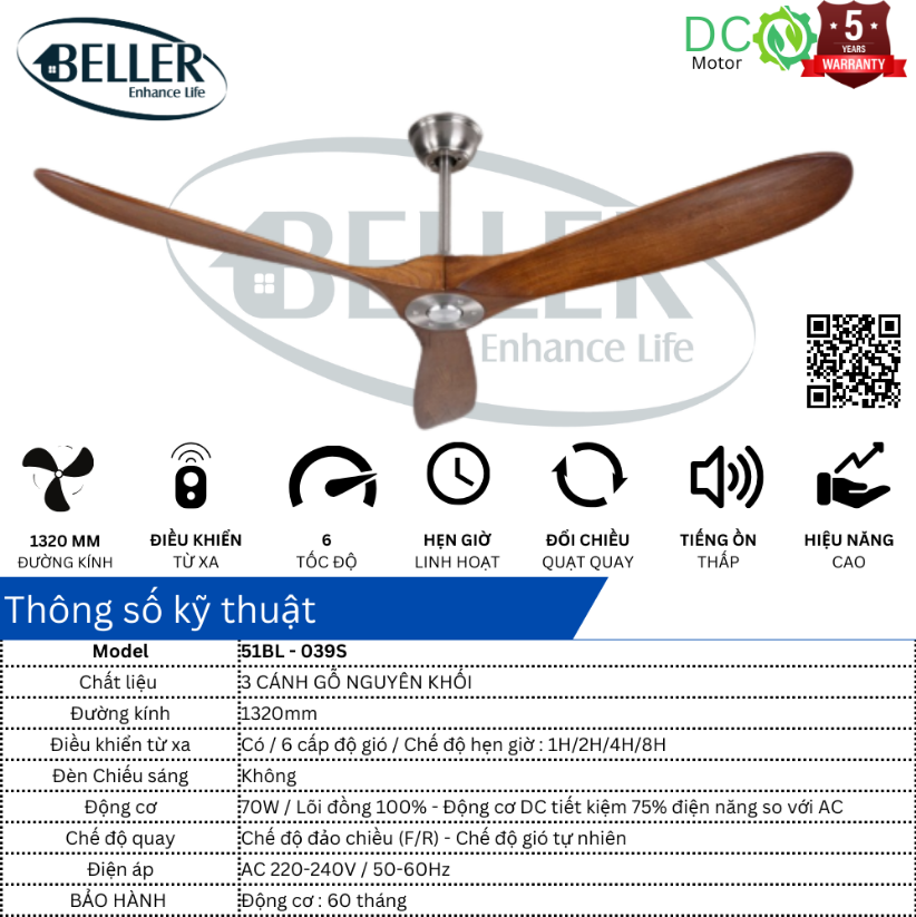 Quạt ba cánh gỗ Beller 51BL - 039S/039B - 1320mm