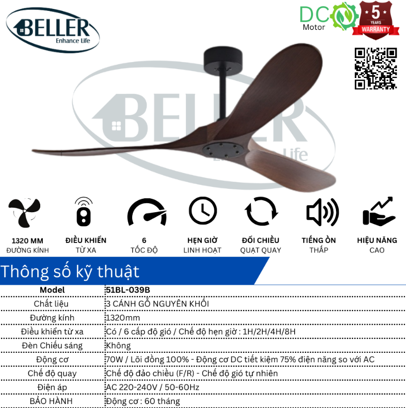 Quạt ba cánh gỗ Beller 51BL - 039S/039B - 1320mm