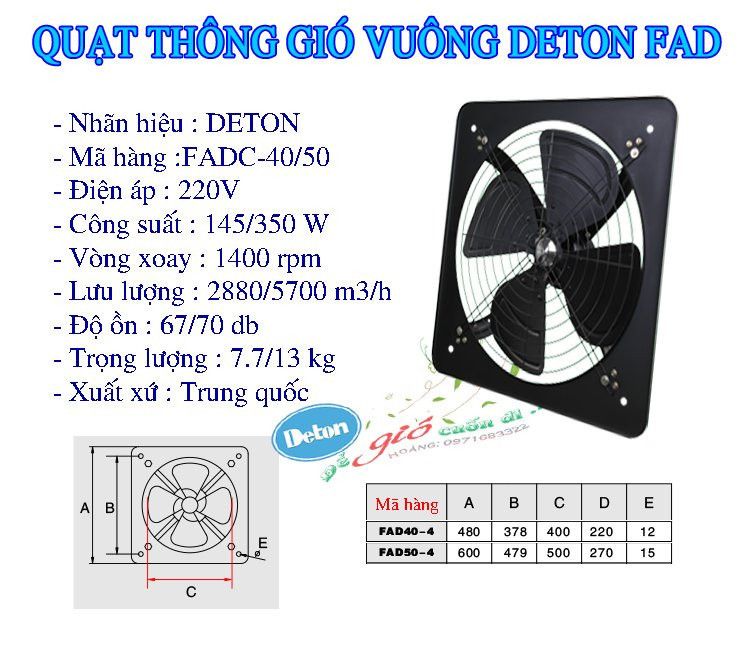 Quạt thông gió vuông DETON FADC40-4 / FADC50-4