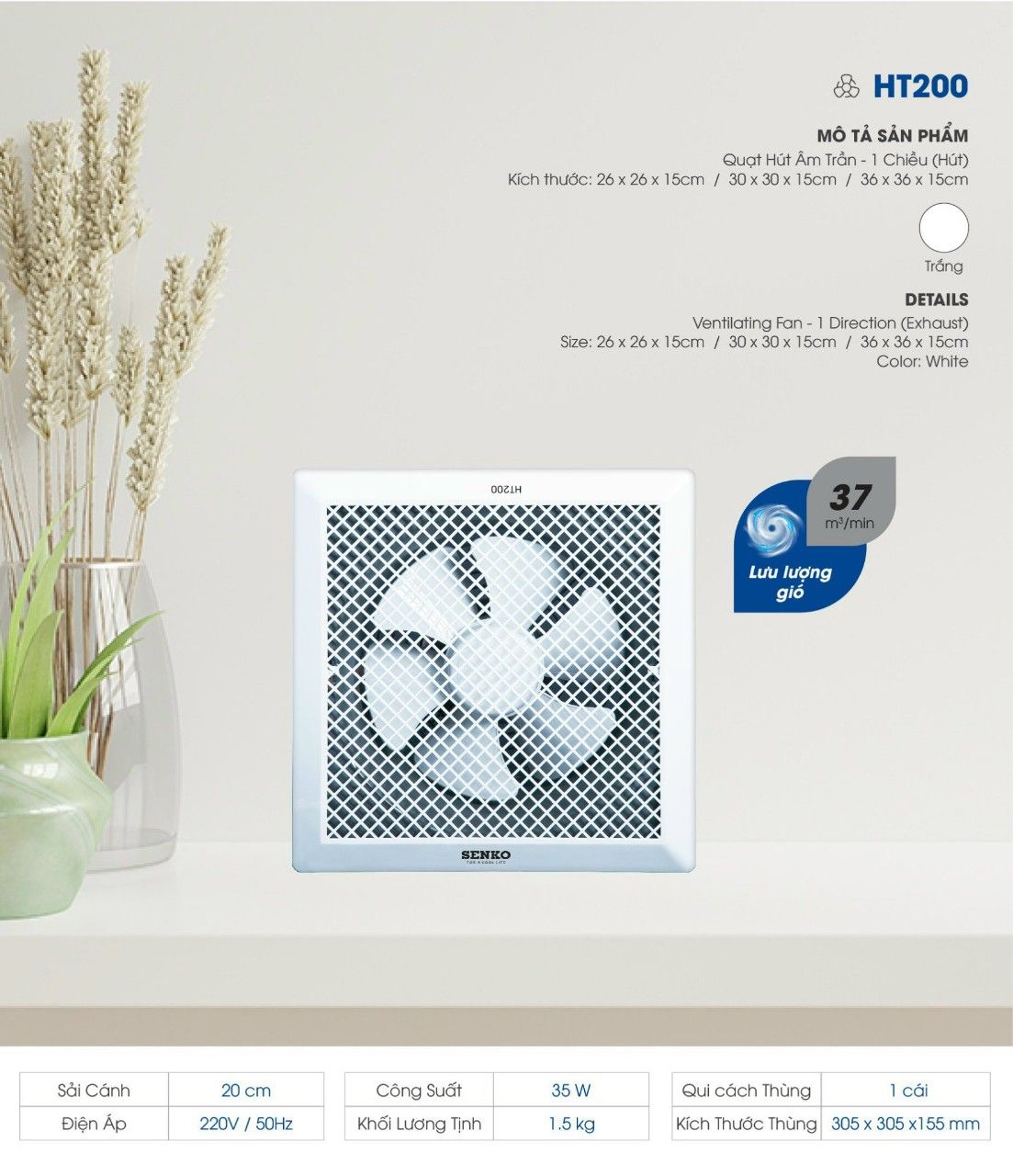 [Hỏa tốc] Quạt hút trần Senko HT200 35w