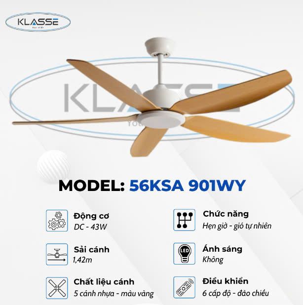 Quạt trần Klasse 56KSA-901WY - 1420mm (Có đèn/Không đèn)
