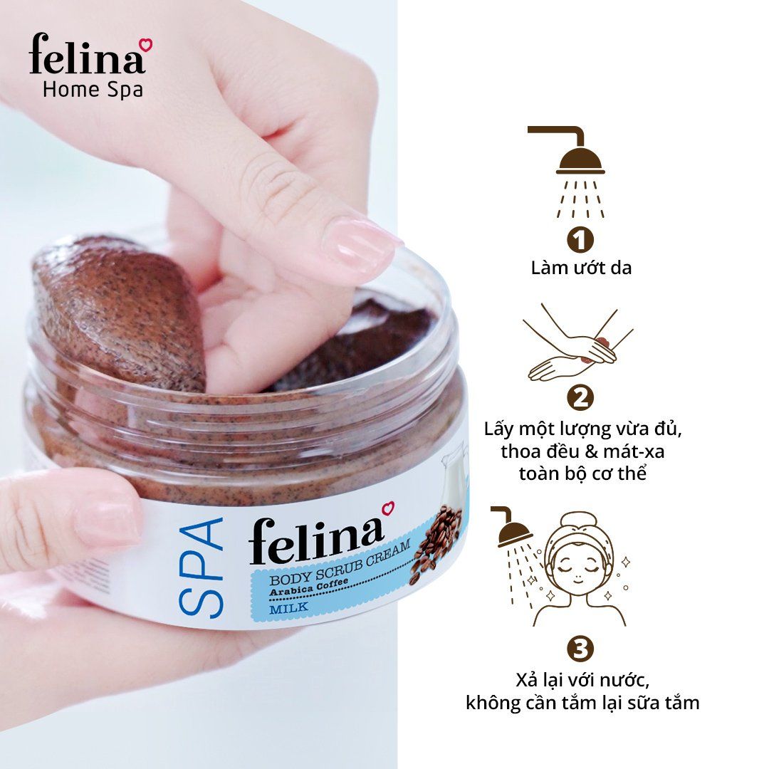  Kem tắm tẩy tế bào chết body Felina Home Spa 220g từ hạt cà phê và tinh chất sữa 