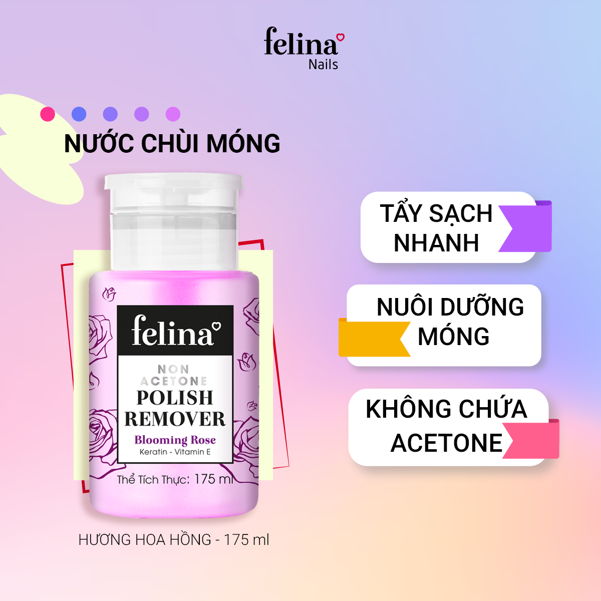  Nước chùi móng Non - Acetone Felina Hương hoa hồng tím 175ml - NA010 