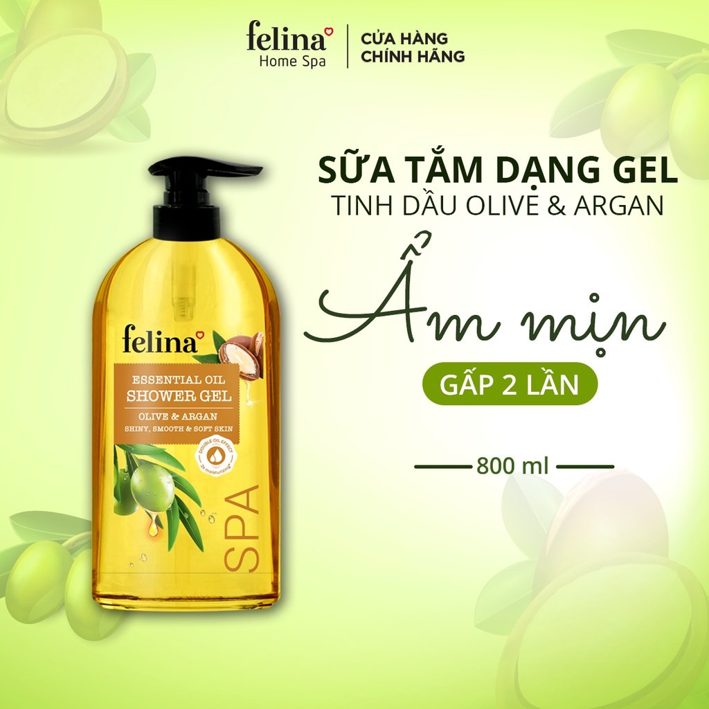 Sữa Tắm Dưỡng Thể Dạng Gel Felina Home Spa 800ml tinh dầu Oliu & Argan dưỡng ẩm giúp da mềm mịn, căng mướt gấp 2 lần