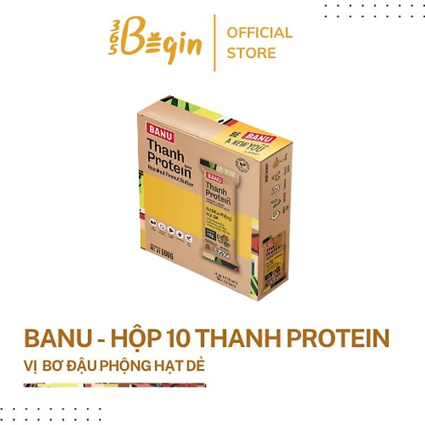 HỘP 10 THANH NĂNG LƯỢNG PROTEIN TỰ NHIÊN BANU BƠ ĐẬU PHỘNG HẠT DẺ DÀNH CHO NGƯỜI TẬP THỂ THAO, NGƯỜI BẬN RỘN