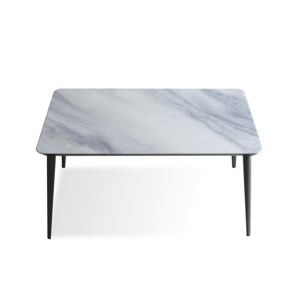  Bàn ăn, mặt đá in 3D, chân kim loại xám bạc, 140*80*75cm 