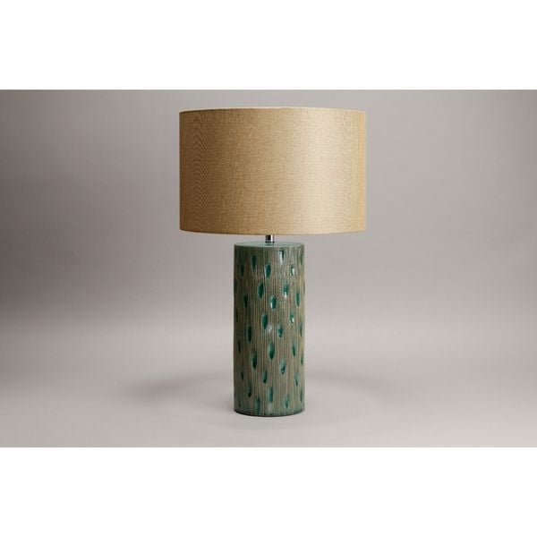  Đèn bàn, chụp vải tròn ngà, thân sứ khoét mắt công màu xanh ngọc, 40*40*67.5 