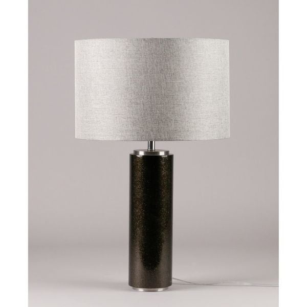  Đèn bàn, chụp vải tròn xám, thân trụ gỗ nguyên khối đen bóng, 40*40*66 