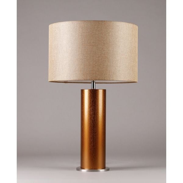  Đèn bàn, chụp vải tròn ngà, thân trụ gỗ nguyên khối sơn vàng ánh kim, 40*40*66 