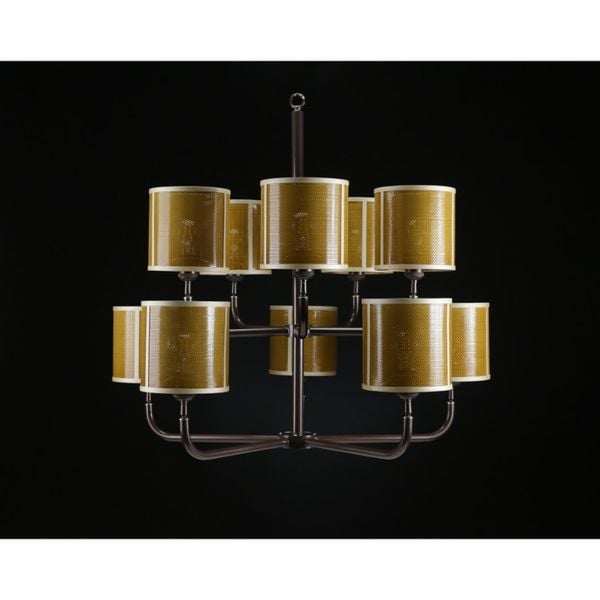  Đèn treo, khung thép nâu, 12 chụp trụ thép vàng đồng viền trắng, 86.7*90*114 