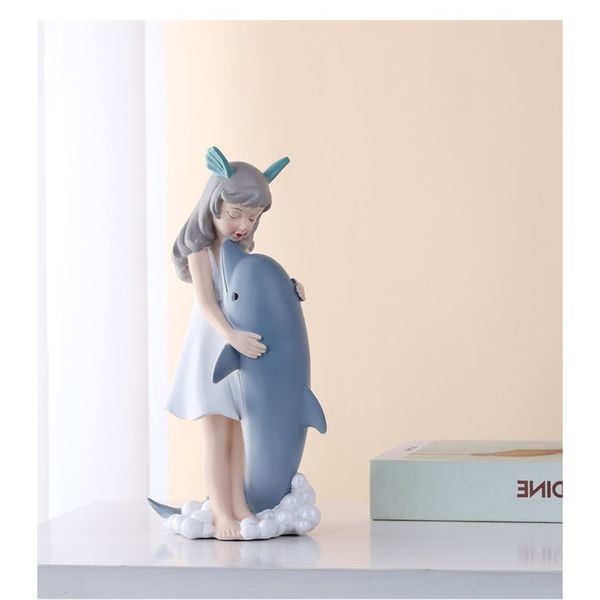  Tượng Mỹ nhân ngư ôm cá heo, nhựa composite, 12*10*27CM 