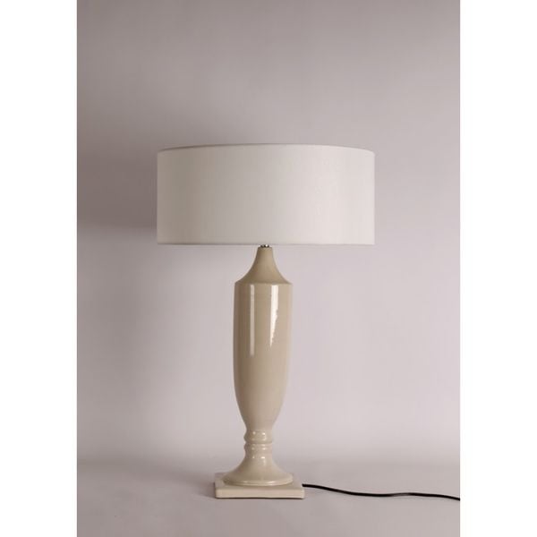 Đèn bàn, chụp vải tròn trắng, thân bình sứ màu kem, 49*49*80 