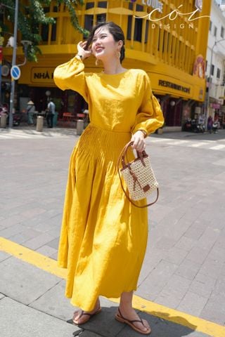 Chân váy xòe xếp ly eo linen tưng Cói Design