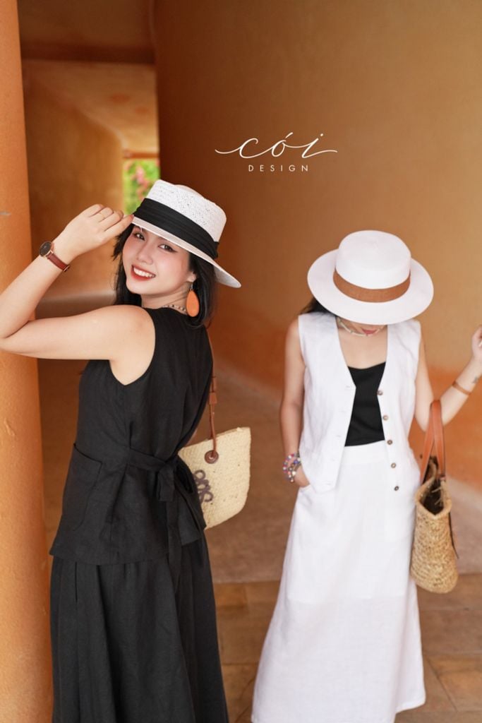Áo gile vạt tròn 2 túi Linen tưng premium Cói Design