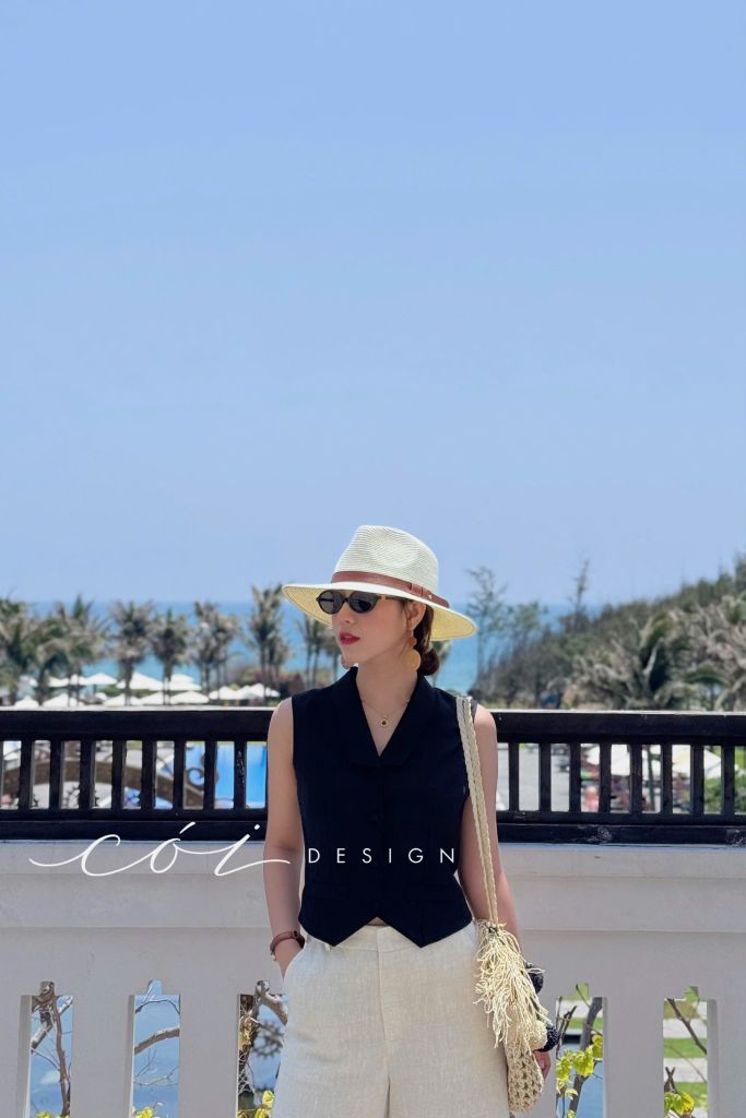 Áo gile cổ cánh én Linen tưng premium Cói Design