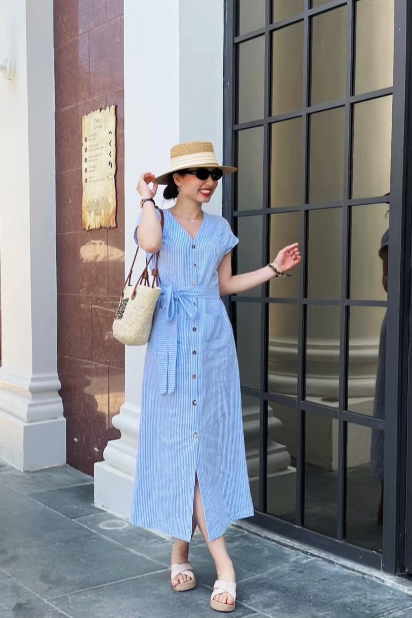 Đầm suông sọc kèm belt linen tưng Cói Design