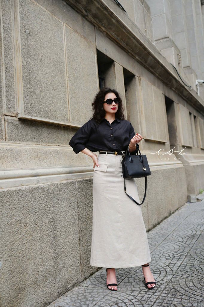 Chân váy 2 nắp túi Linen tưng premium Cói Design