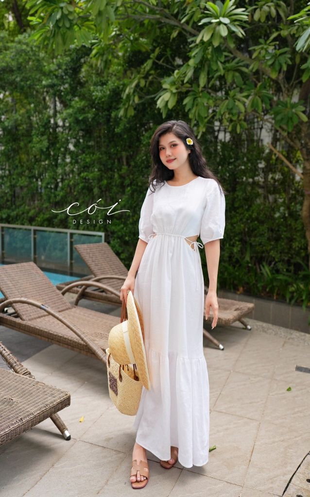 Đầm khoét eo tay phồng Linen tưng premium Cói Design