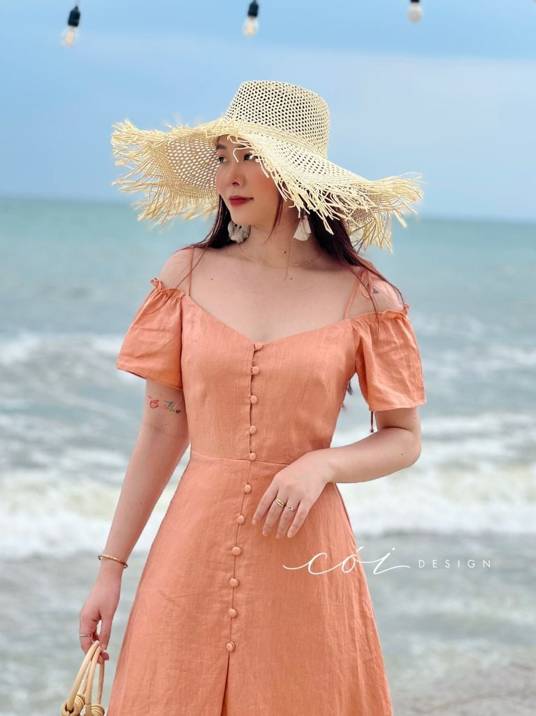 Đầm nút bọc bẹt vai Linen tưng premium Cói Design