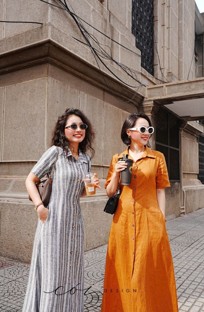 Đầm sơ mi sọc tay ngắn linen Hàn Cói Design