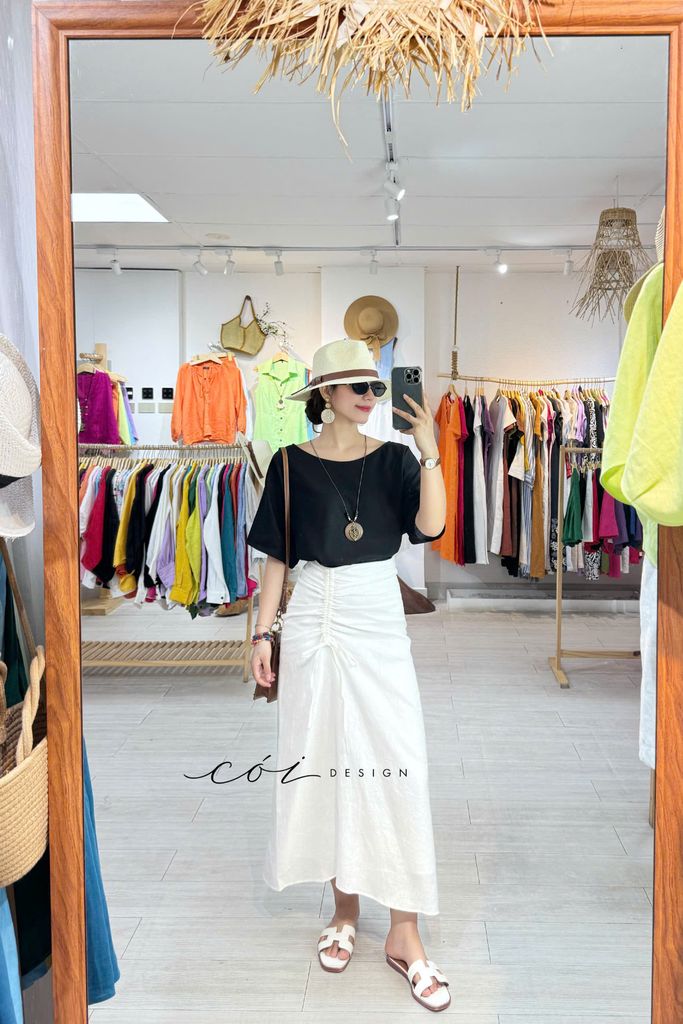 Chân váy rút dây linen tưng premium Cói Design