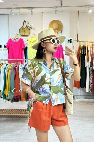 Áo sơ mi họa tiết phối dây linen tưng premium Cói Design